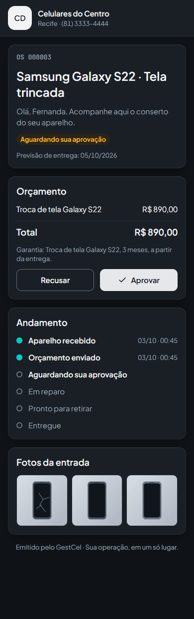 Tela no celular: Link da OS que o cliente abre