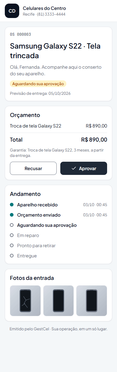Tela no celular: Link da OS que o cliente abre